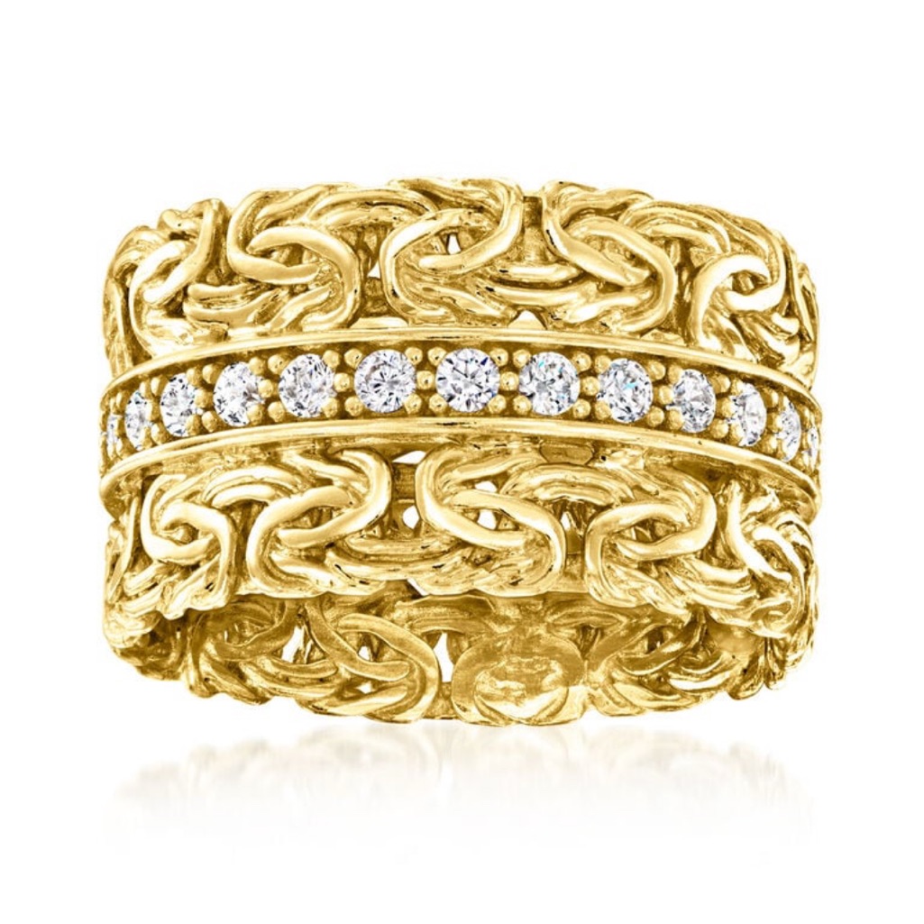 Byzantine 18kt Gold 925 Sterling Silver Filigree Wide Band Ring Cz Diamonds Sz 5